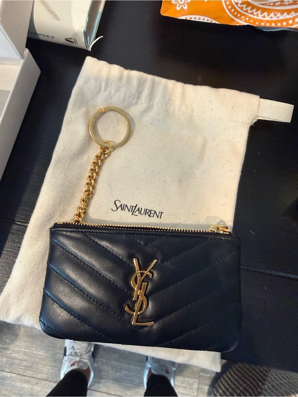 Saint Laurent Black Quilted Leather Key Pouch with Gold YSL Chain